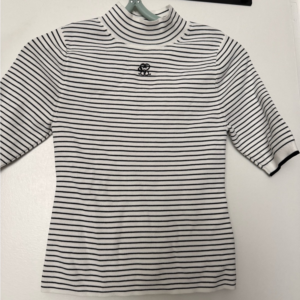 Striped Mock Neck Short Sleeve Top - Black/White